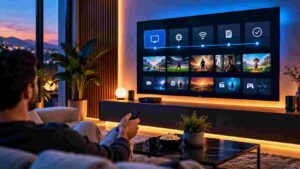 Téléviseur connecté affichant une interface de streaming dans un salon moderne